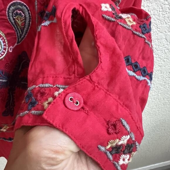 Johnny Was NWT Audrey Embroidered Button Down Shirt Ski Patrol Red Long Slv Sz S - Picture 5 of 8